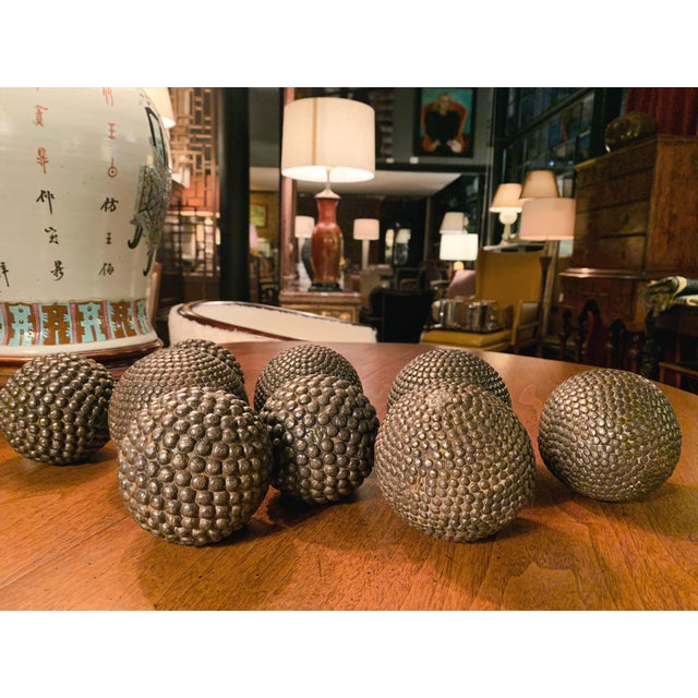 Brown Wooden Bowl With 9 French Iron Boules For Sale - Image 8 of 14