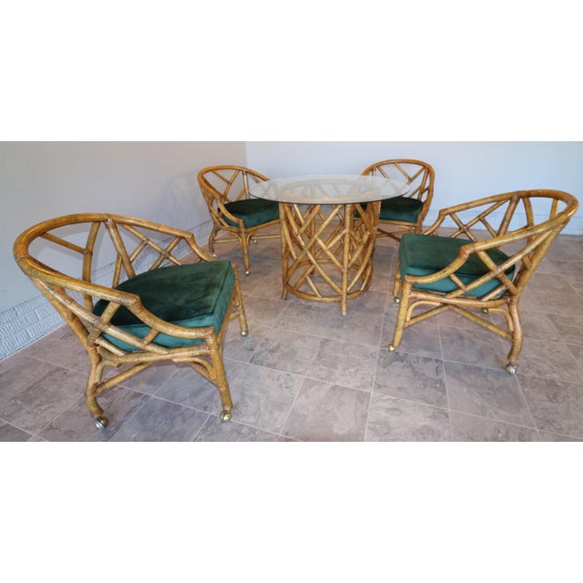 Mid-Century Hollywood Regency Rattan Dining Set With Brass Casters, Attributed to Ficks Reed For Sale - Image 10 of 15