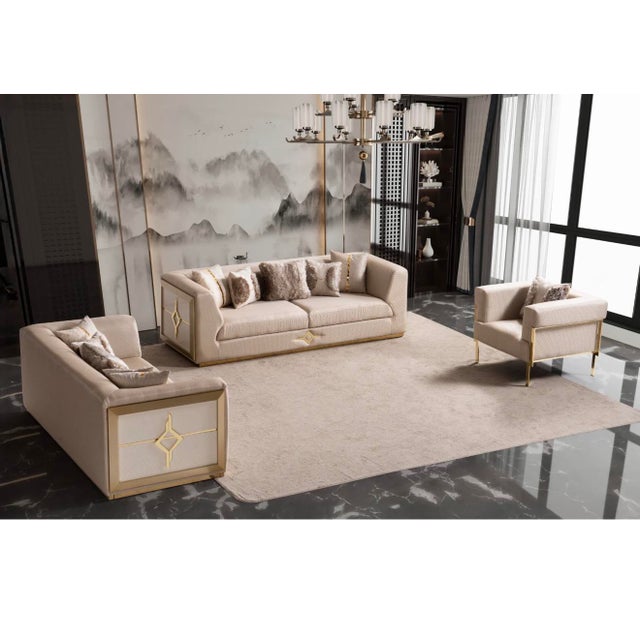 New Vega 3–Piece Gold Accent Modern Luxury Living Room Set - Sofa , Loveseat & Chair For Sale - Image 18 of 18