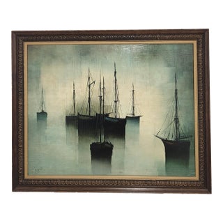 Framed Large-Scale 1960s French Modern Harbor Scene Oil Painting (43" × 36") For Sale