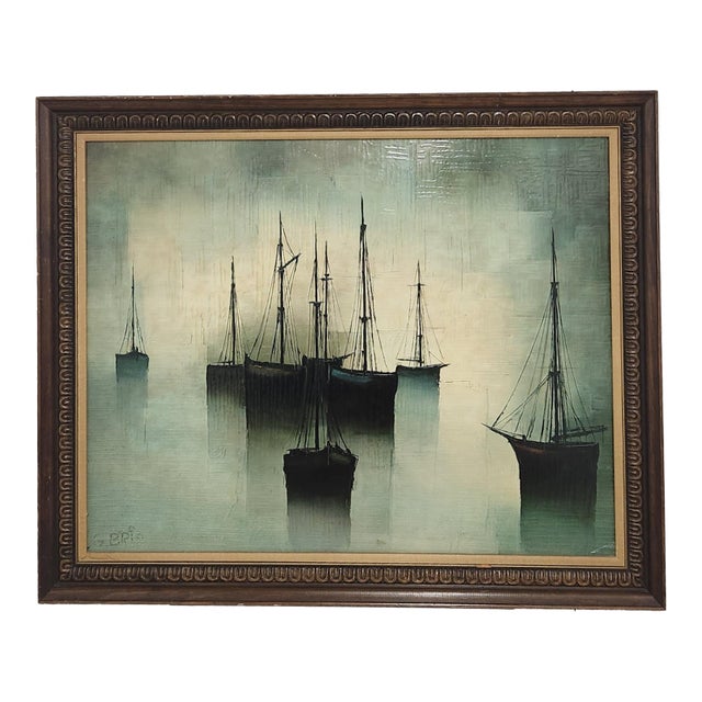 Framed Large-Scale 1960s French Modern Harbor Scene Oil Painting (43" × 36") For Sale
