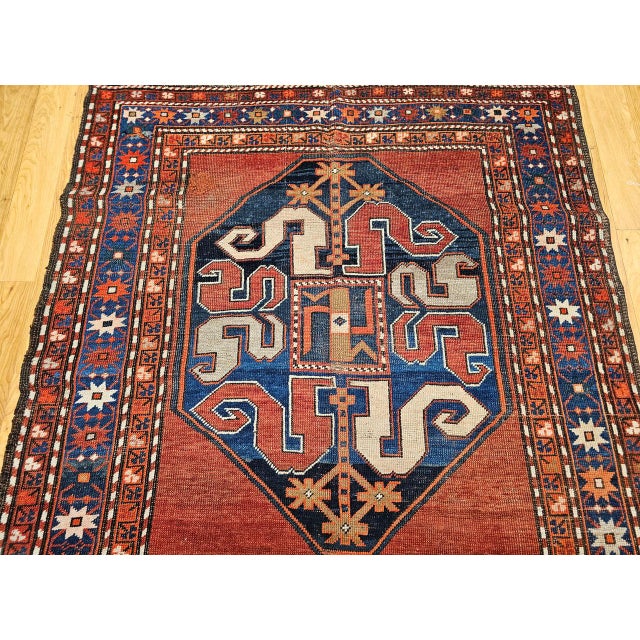 Red Antique Cloudband Kazak Area Rug, Hand-Knotted Wool, Geometric Design, Red & Blue, 5' x 8' For Sale - Image 8 of 15