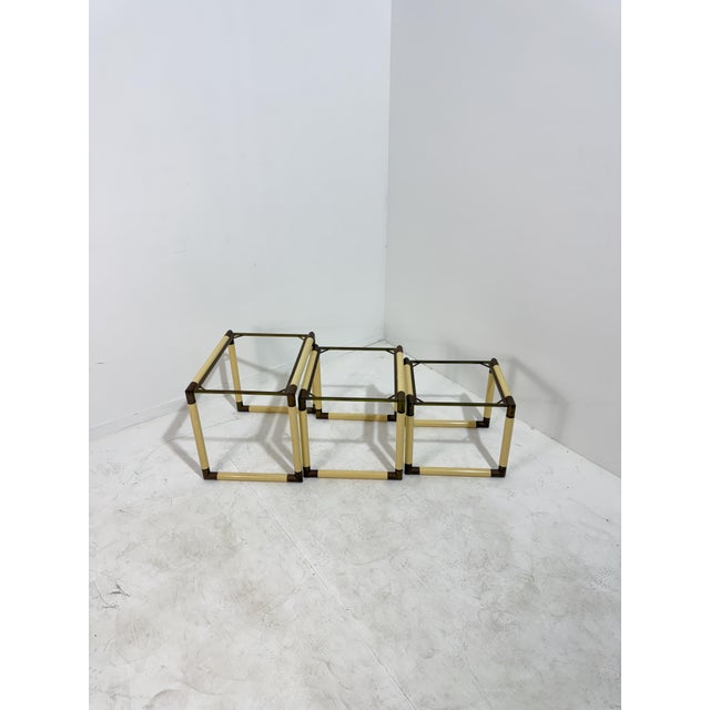 Enameled Metal and Brass Coffee Tables in the style of Tommaso Barbi, 1970, Set of 3 For Sale - Image 16 of 17