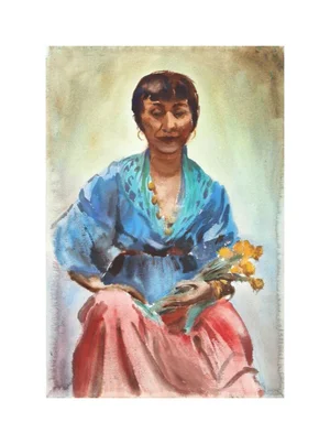 Eve Nethercott "Woman With Flowers" Watercolor