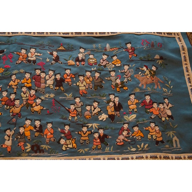 1950s 1950s Chinese Silk Embroidered Baizi 100 Children Playing in Spring For Sale - Image 5 of 9