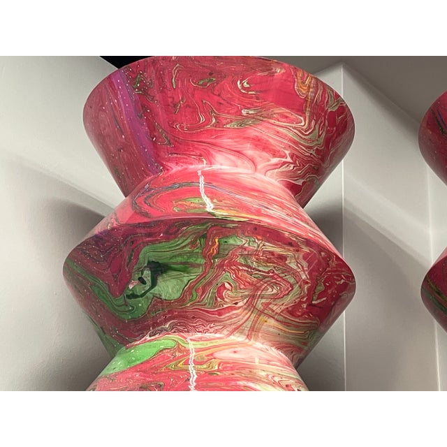 2010s Made Goods “Raine” Lacquered Resin Stool / Accent Table – Pink Swirl (Pair) For Sale - Image 5 of 5
