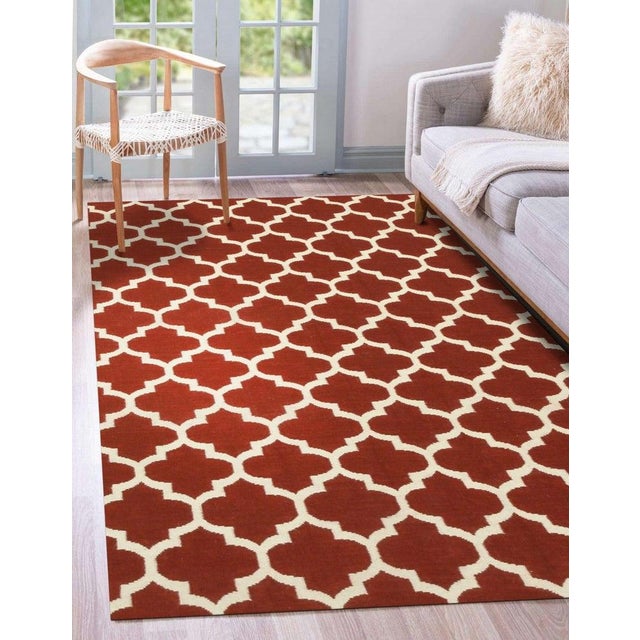 8x10 Coral Flat Weave Wool Lattice Linkage Geometric Modern Carpet Rug For Sale - Image 4 of 4