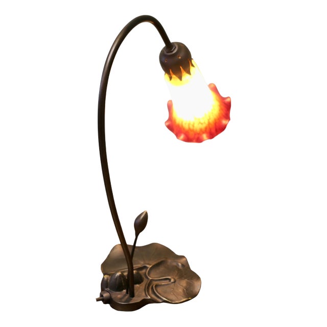 French Bronze Lilly Pad Table Lamp with Glass Shade, 1960 For Sale