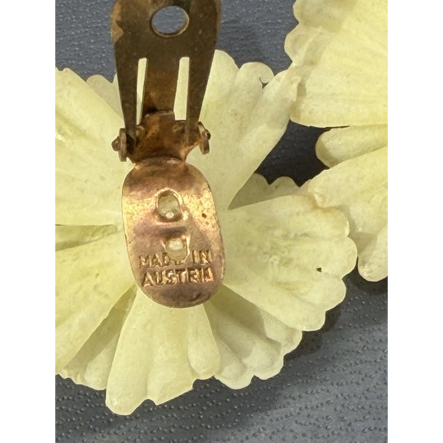 1950s Austria Pale Yellow Frosted Flower and Crystal Earrings, Pair For Sale - Image 6 of 8