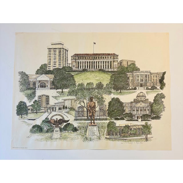 Mid-Century Modern 1980s Texas a & M University Campus Print by Liz Bryant – Hand-Colored Architectural Illustration For Sale - Image 3 of 3