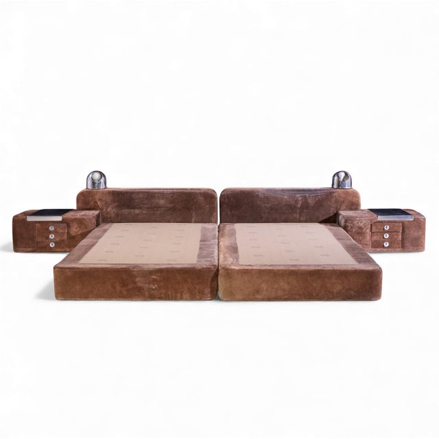 Guido Faleschini for i4 Mariani Tucroma Mid Century Suede Leather King Platform Bed with Nightstands This platform bed...