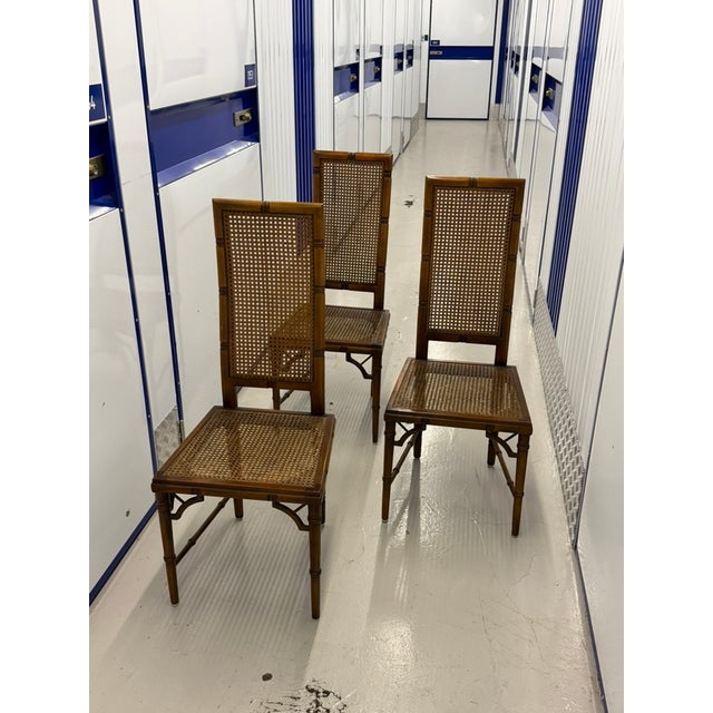 Hollywood Regency Faux Bamboo Cane Dining Chairs, 1970s, Set of 3 For Sale - Image 6 of 9