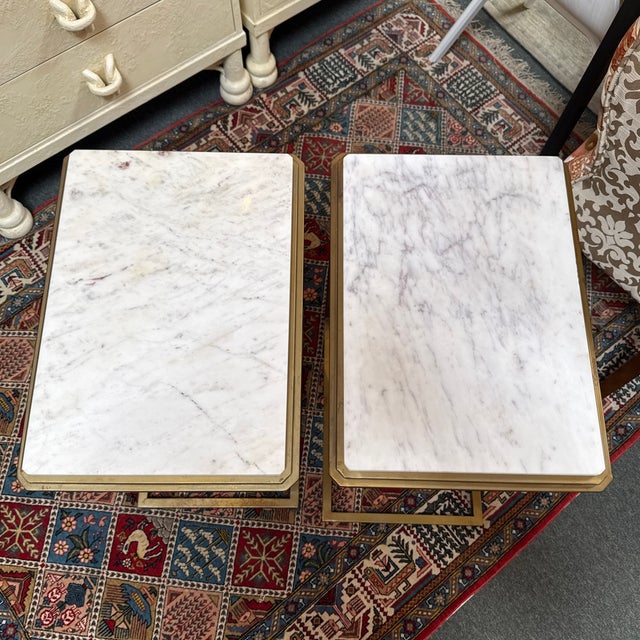 Mid-Century Modern Brass C-Tables With Marble Tops, Pair For Sale - Image 3 of 11