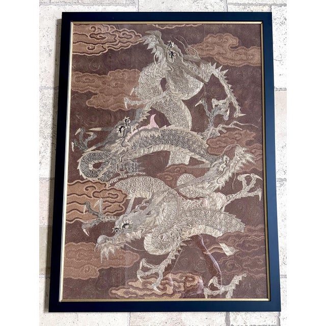 Art Deco Framed Japanese Embroidery Dragon Tapestry Meiji Period For Sale - Image 3 of 16