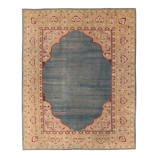 Antique 19th Century Indian Agra Rug in Solid Blue Background For Sale