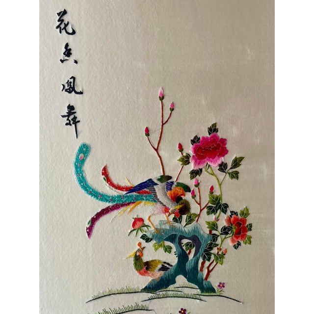 Chinoiserie Vintage Chinese Silk Hand Embroidery in a Custom Gilt Bamboo Wood Frame For Sale - Image 3 of 12