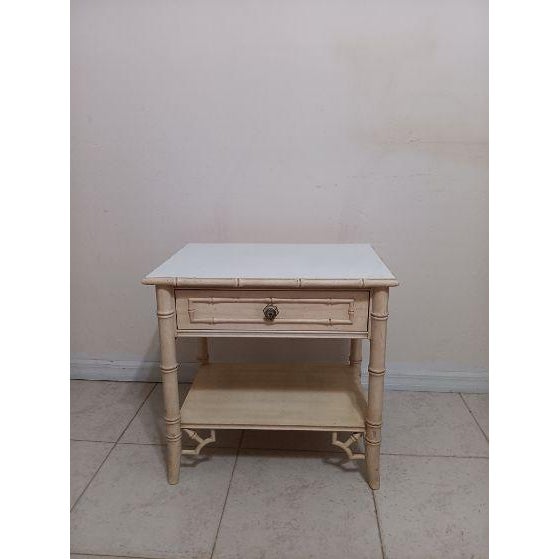 1970s Hollywood Regency Style Allegro One Drawer Cream Wood Nightstand Faux Bamboo For Sale - Image 4 of 8