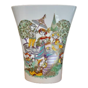 Bjorn Wiinblad for Rosenthal "Commedia Dell Arte" Large Mid-Century Danish Faience Ceramics Vase With Lady & Harlequins