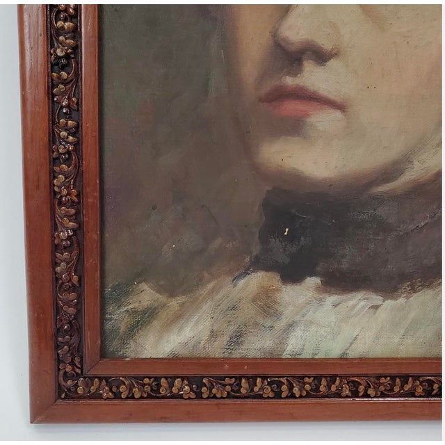Green Antique Oil Portrait of a Young Woman For Sale - Image 8 of 18