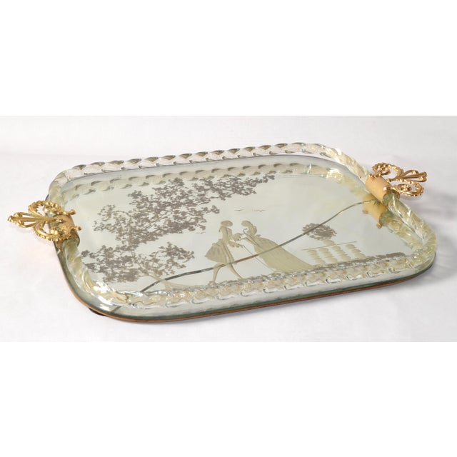 1960s 1960s Barovier Style Etched Murano Art Glass Mirrored Tray Bronze Handles Italy For Sale - Image 5 of 18