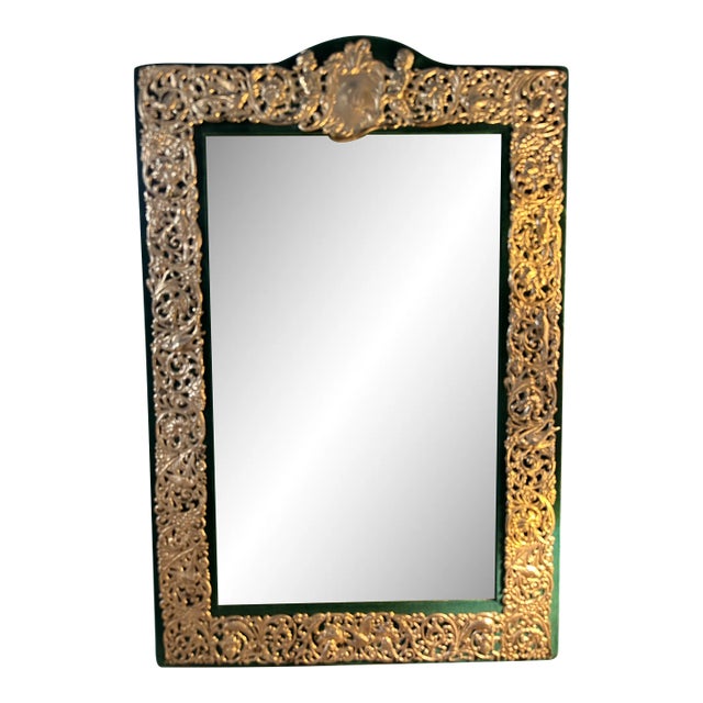 Large 19th Century Sterling Silver Frame Mounted on Green Velveteen Framework With Mirror For Sale