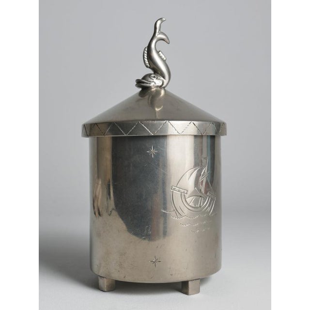 Swedish Pewter Lidded Jar with Sculptural Fish Finial and Ship Engraving, 1928 For Sale - Image 4 of 18