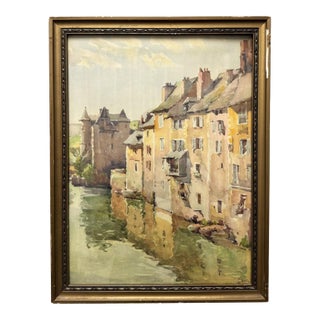 1930s French Watercolor of Sun-Drenched Houses in Period Gilt Frame For Sale