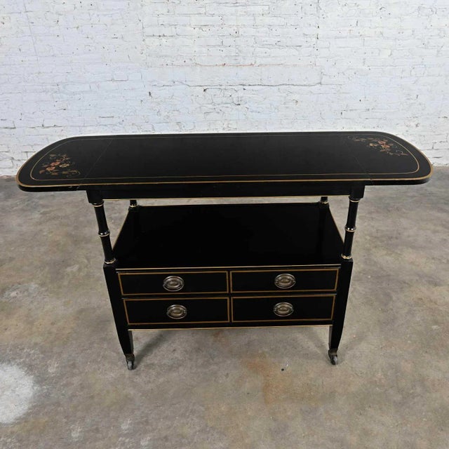 Mid-20th Century Regency Style Drexel Black & Gold Drop Leaf Rolling Server Dry Bar Beverage Cart For Sale - Image 13 of 13