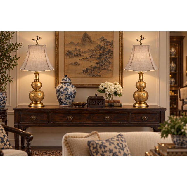 Early 20th Century Antique Chinoiserie Brass Double-Gourd Lamps With Taupe Pagoda Shades, Pair For Sale - Image 5 of 7