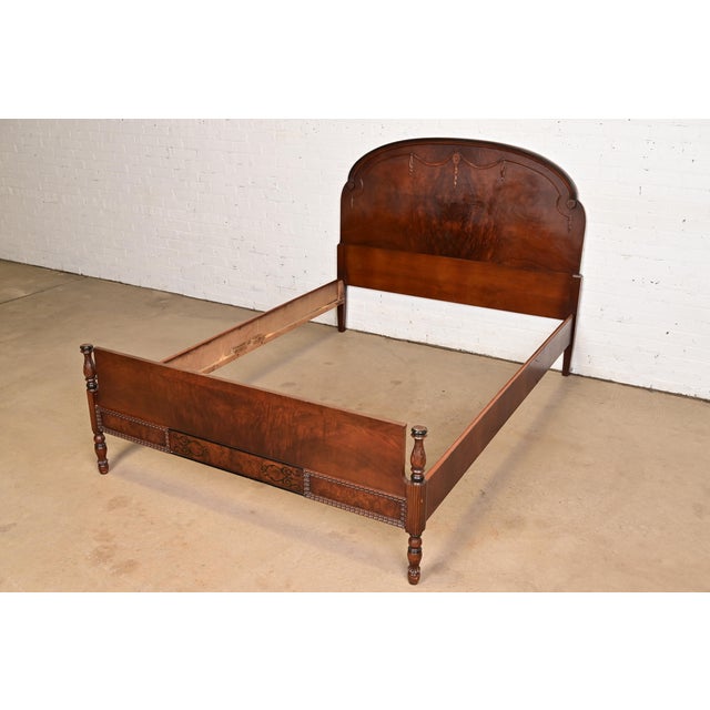 French Berkey & Gay Style Antique French Regency Louis XVI Burled Walnut Full Size Bed, Circa 1920s For Sale - Image 3 of 8