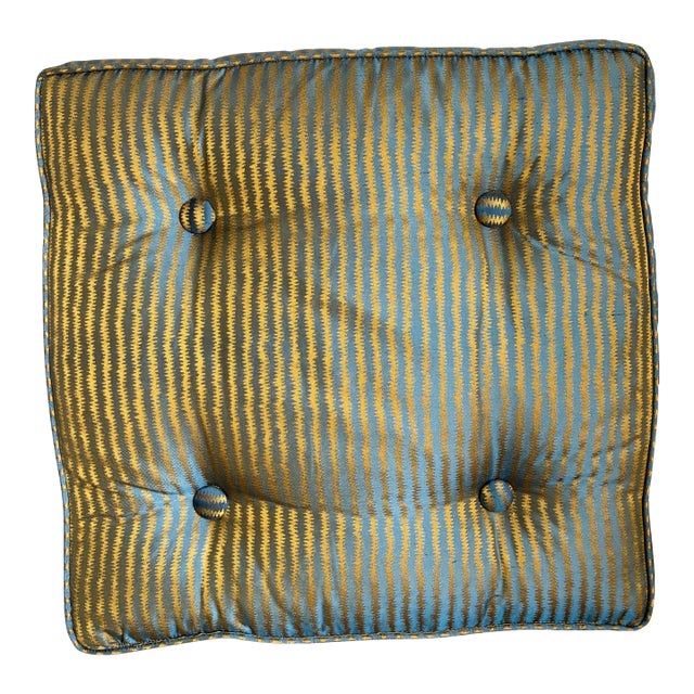 Modern Tufted Designer Accent Pillow in Aqua Blue & Gold Wavy Stripe Fabric For Sale