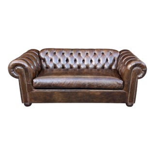 Vintage Chesterfield Leather Sofa With Tufted Back and Rolled Arms – Warm Brown Patina For Sale