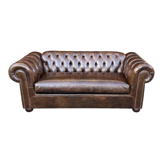 Vintage Chesterfield Leather Sofa With Tufted Back and Rolled Arms – Warm Brown Patina For Sale