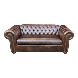 Vintage Chesterfield Leather Sofa With Tufted Back and Rolled Arms – Warm Brown Patina
