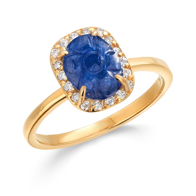 Gia Certified No Heat Carved Sapphire Diamond 2.61 Carat 18 Karat Yellow Gold, Size 6.5 For Sale - Image 4 of 9