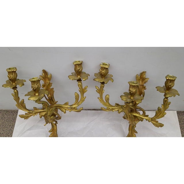 Late 19th Century Pair of Rococo Style Gilt Bronze Three Arm Wall Candelabra Sconces For Sale - Image 4 of 7