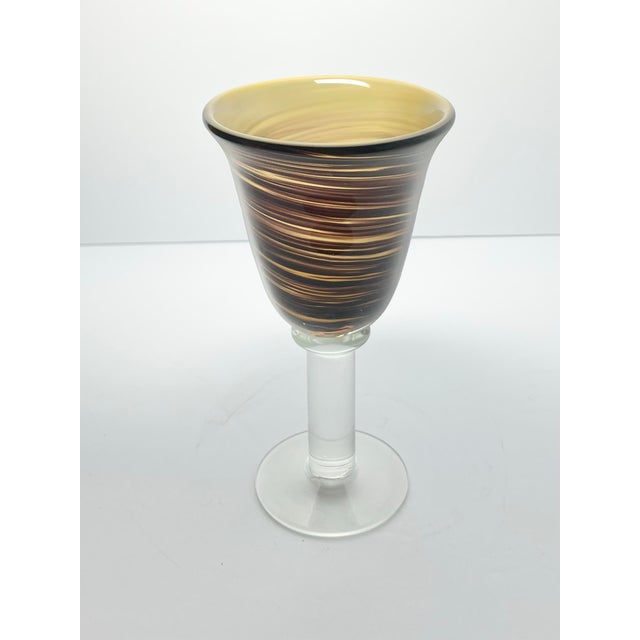 2000 - 2009 5 Handblown Murano-Style Brown Amber Swirl Water or Wine Goblets For Sale - Image 5 of 5