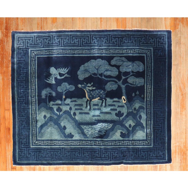 Early 20th Century Early 20th Century Zabihi Collection Chinese Blue Deer Bird Pictorial Landscape Rug - 4'10" x 6'2" For Sale - Image 5 of 8
