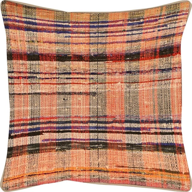 1960s Turkish Rag Pillow. Sewn with fragments of vintage hand made Anatolian cotton & linen kilims. Fiber fill. 523102