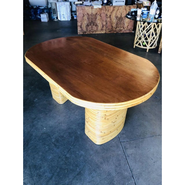1950s Restored Oval Stacked Rattan Dining Table With Mahogany Top For Sale - Image 4 of 11