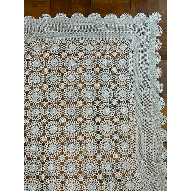 1930s Vintage Handmade Crochet Coverlet Throw Blanket or Tablecloth Cottagecore Home Decor For Sale - Image 5 of 12