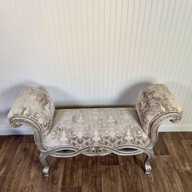 Wood Ornate Rococo Revival Silver Gilt Bench / Settee For Sale - Image 7 of 14