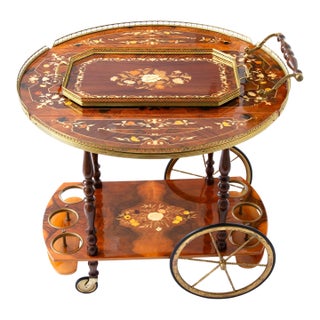 Vintage Italian Marquetry Bar Cart With Serving Tray For Sale
