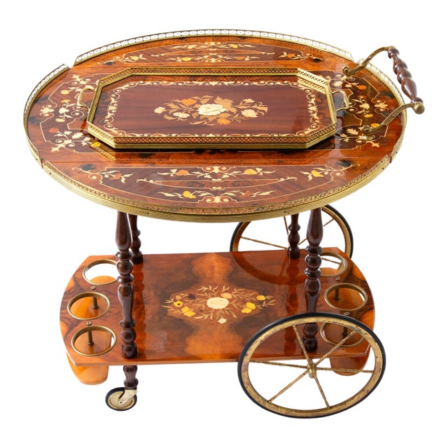 Vintage Italian Marquetry Bar Cart With Serving Tray For Sale