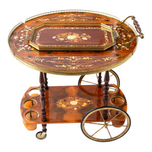 Vintage Italian Marquetry Bar Cart With Serving Tray