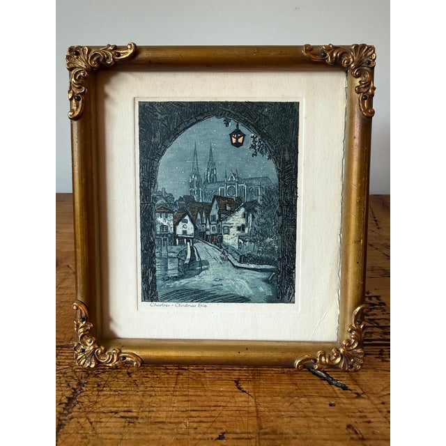 Charming Lucien Veder Aka Le Garf Hand Colored Etching of The Chartres Cathedral on Christmas Eve. Market "Chartres ~...