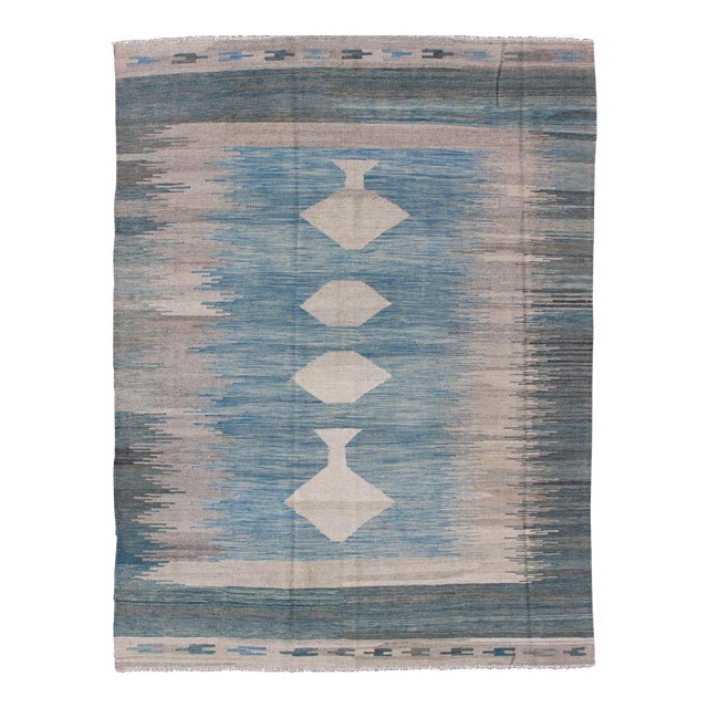 2020s Modern Tribal Kilim in Shades of Blue's and Gray's For Sale