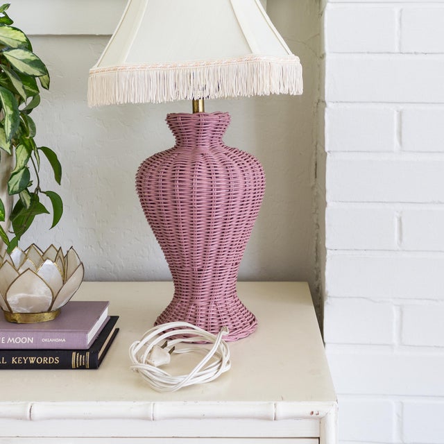Vintage Pink Wicker Lamp With Custom Fringed Shade For Sale - Image 9 of 10