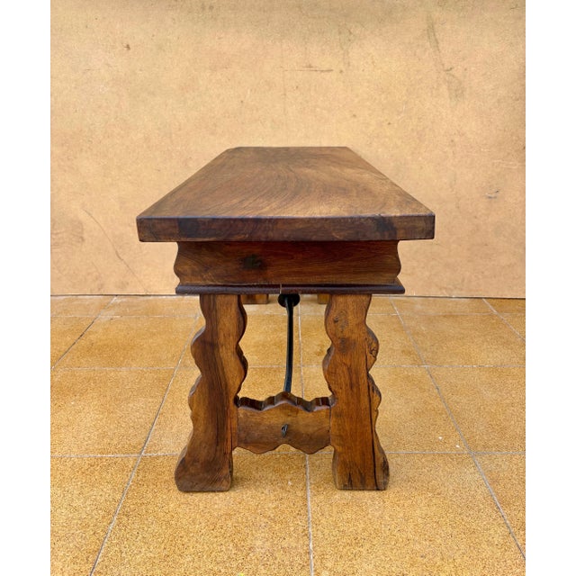 1930s Low Rustic Walnut Console Table with Two Drawers and Iron Stretcher For Sale - Image 6 of 9