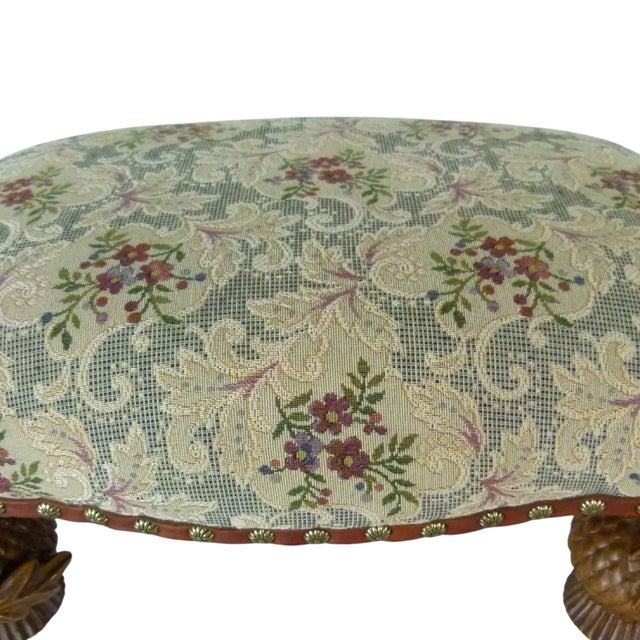 Mackenzie Childs Vintage 1993 MacKenzie-Childs Aurora Carved Leaf Footstool Tapestry Ottoman Accent For Sale - Image 4 of 17